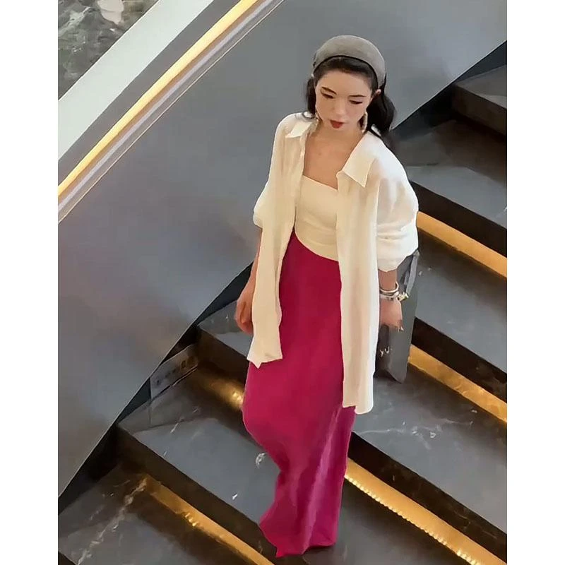 千金清冷感贵系衣服韩系穿搭翻领长袖衬衫上衣高腰长款开叉半身裙