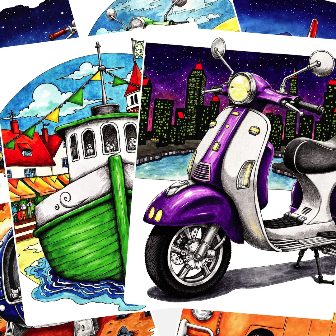 中级色彩交通工具临摹卡儿童创意美术明信片马克笔卡通动画范图