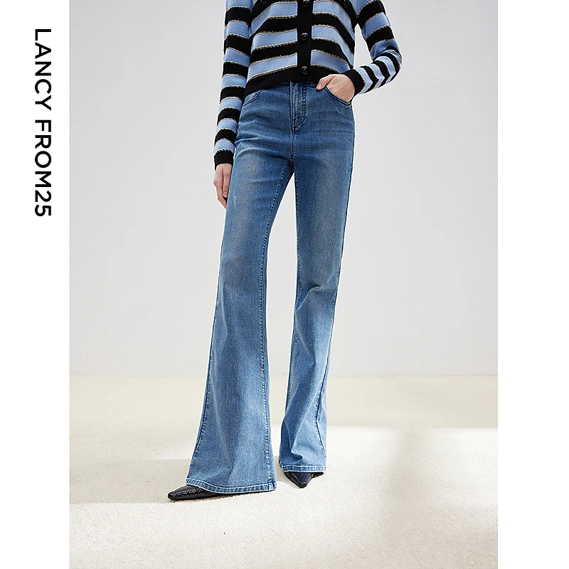 【晨粉专享价】朗姿直筒复古微喇丹宁蓝色女裤春季修身高腰