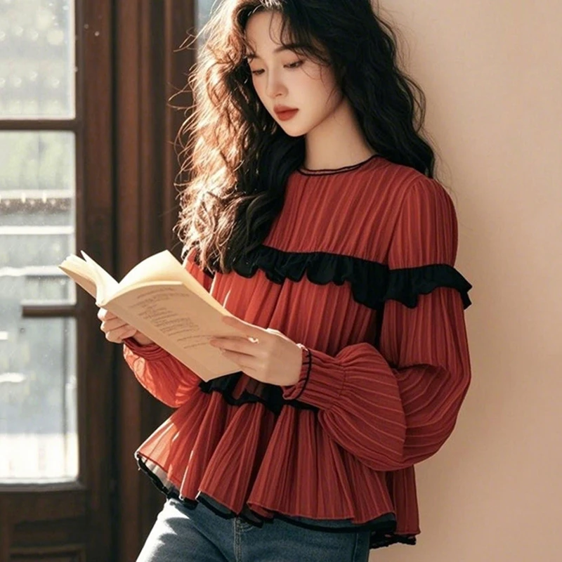 今年流行爆款独特超好看法式2025春季新款木耳边拼接甜美雪纺衬衫