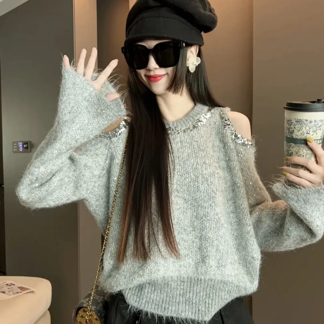 慵懒风露肩亮片刺绣毛衣女秋冬高级感温柔气质显瘦上衣