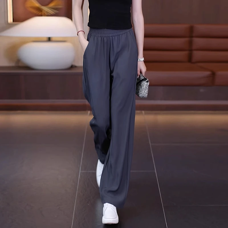 拉夏贝尔垂感休闲裤宽松阔腿裤2025夏季薄款高腰显瘦窄版西装裤女