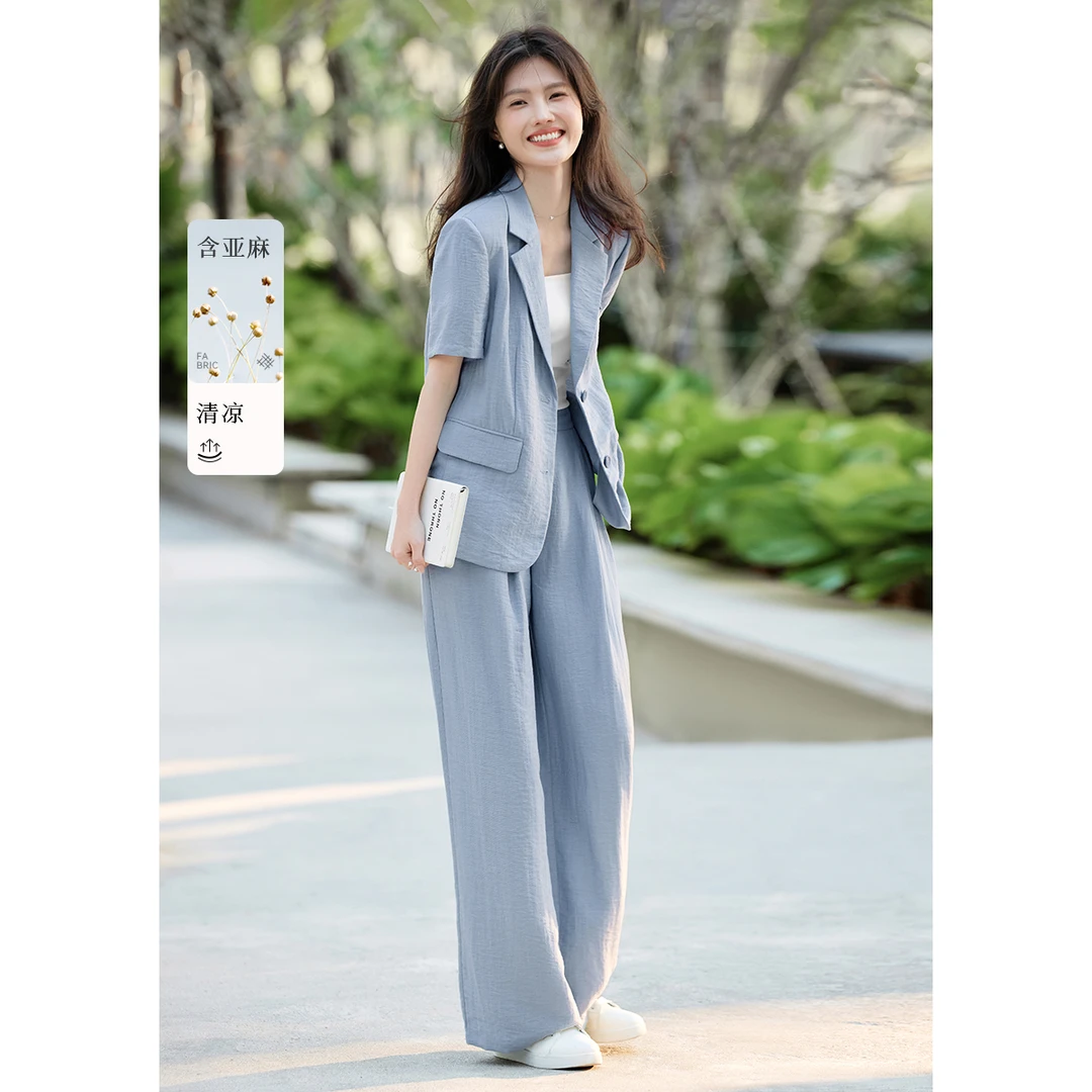 XWI/欣未亚麻清凉老钱风西装套装25夏休闲西装外套+阔腿裤套装女