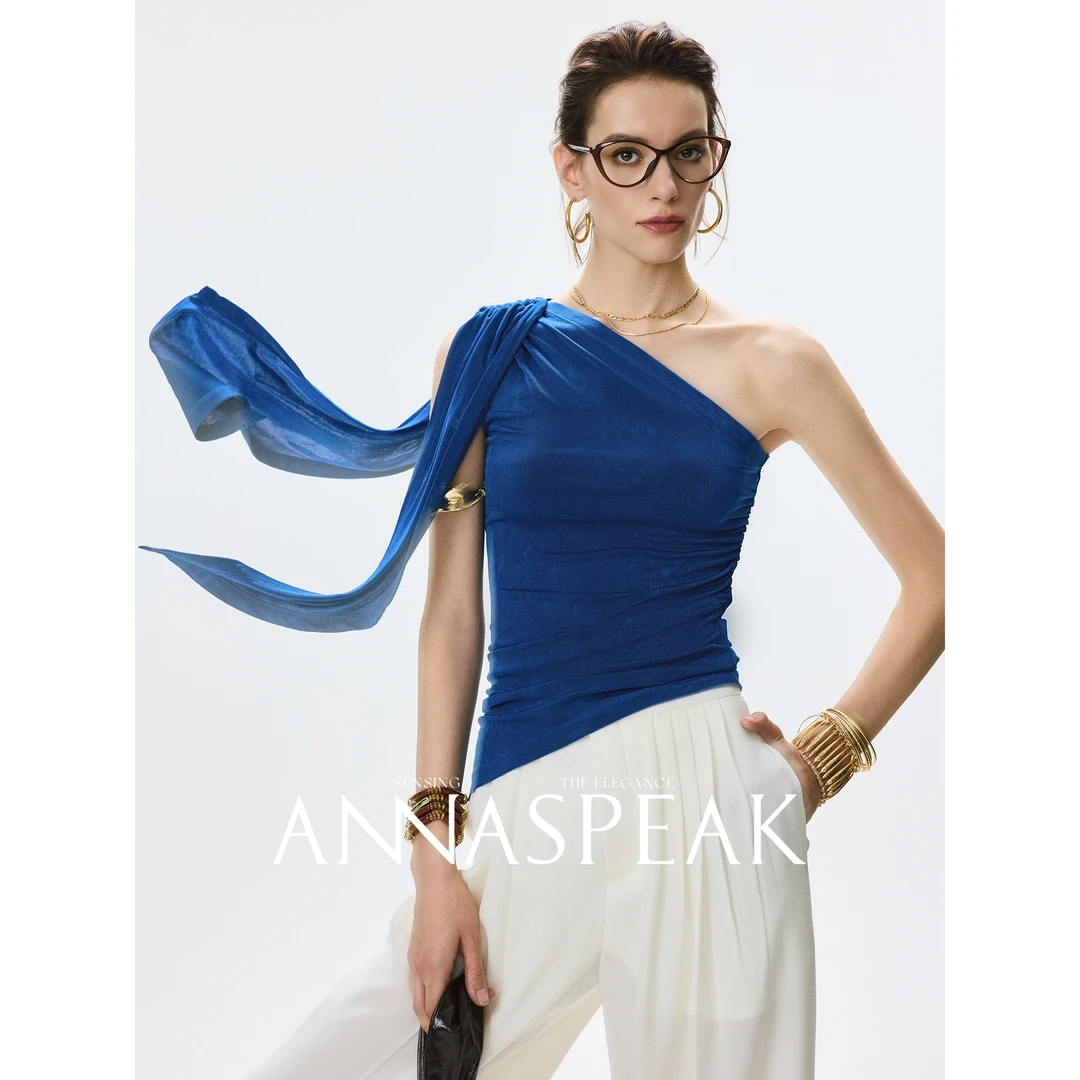 ANNASPEAK时髦精Bi入 美国伊士曼NAIA醋酸不对称斜肩飘带捏褶上衣