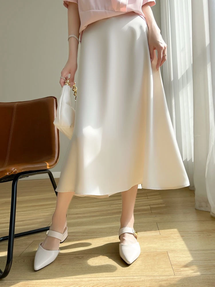 醋酸缎面半身裙女24新款高腰A字中长款夏季时尚纯色百搭长裙