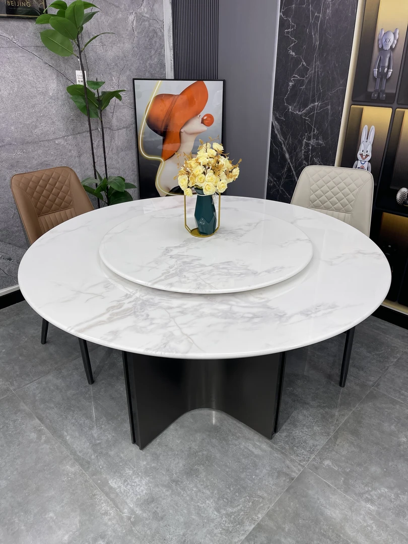巴西进口简约现代天然大理石餐桌可旋转家用大理石圆桌餐桌组合