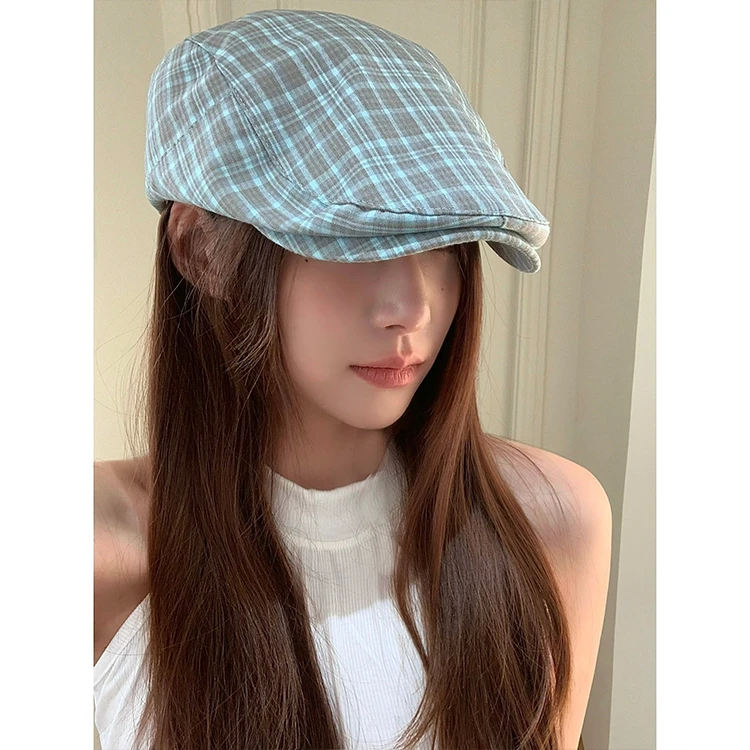 日系格纹前进帽子女夏果冻海蓝小清新贝雷帽显脸小薄款学生画家帽