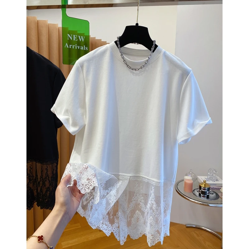 6365欧洲站下摆蕾丝拼接t恤女短袖春夏新款宽松洋气时髦内搭上衣