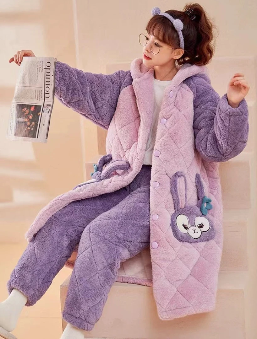 珊瑚绒睡衣女秋冬季加厚加绒可爱睡袍2025新款三层夹棉8912
