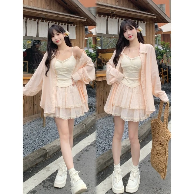 大码胖mm温柔气质甜美显瘦纯欲风三件套女夏季防晒衬衫吊带半身裙