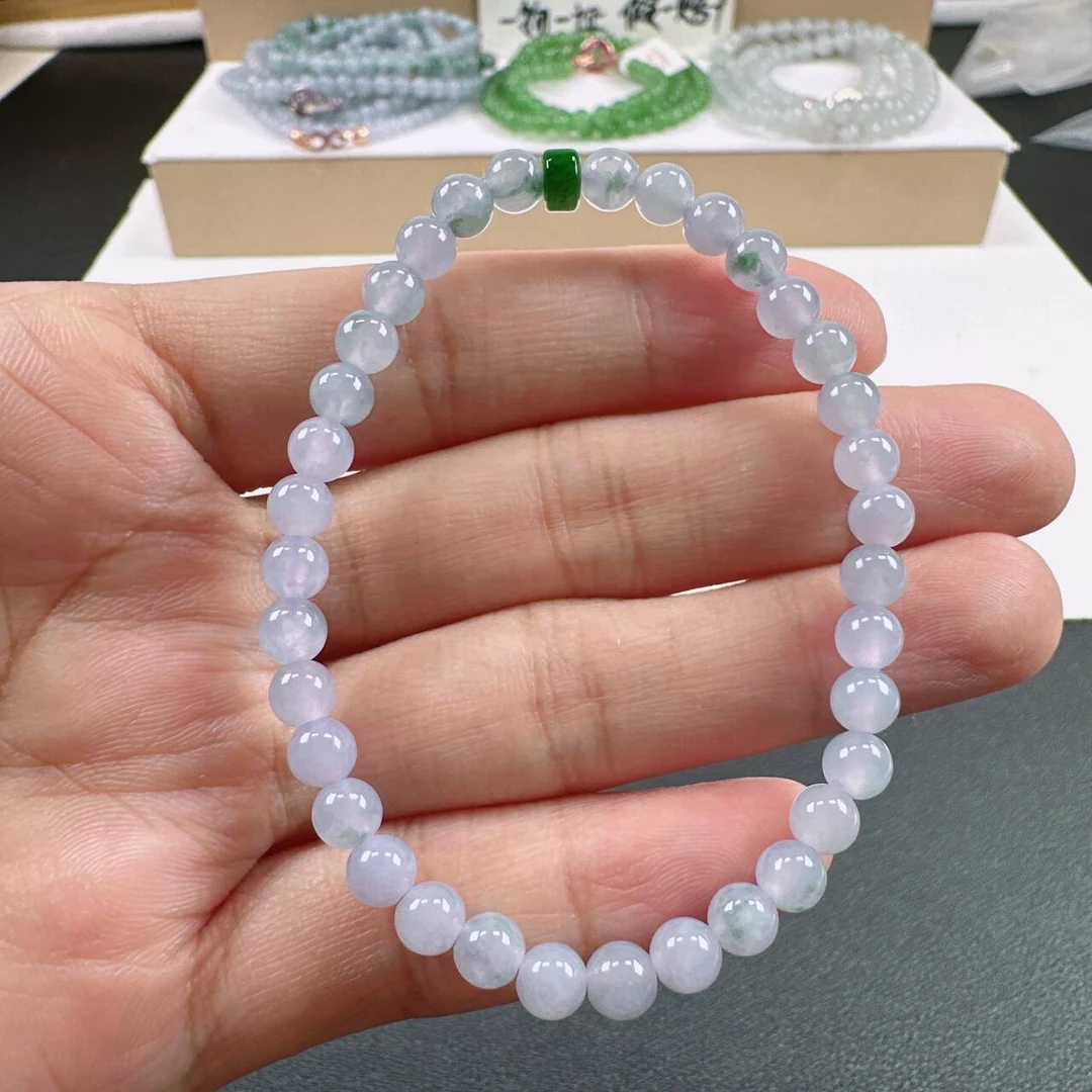 天然A货翡翠卡5mm老坑冰种水润浅紫罗兰飘花圆珠单圈女士手串