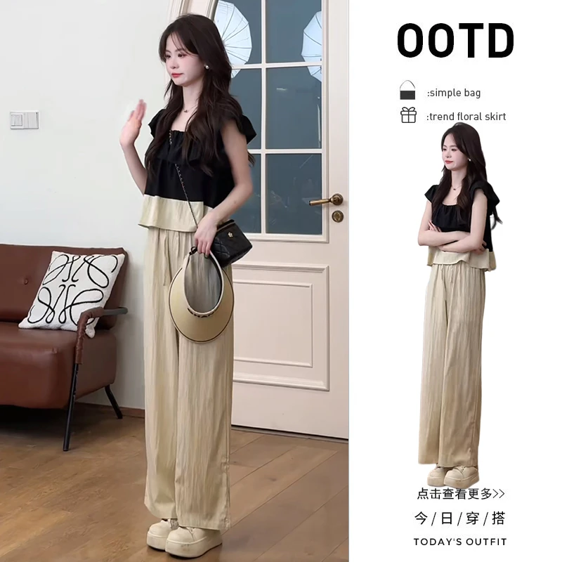 初夏穿搭一整套2025新款韩版撞色娃娃衫上衣百搭高腰阔腿裤两件套