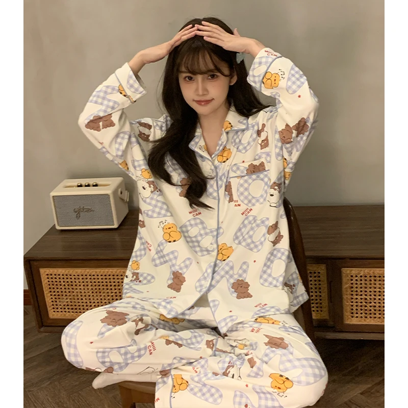 睡衣女春秋长袖长裤网红爆款两件套学生高颜值开衫大码宽松家居服