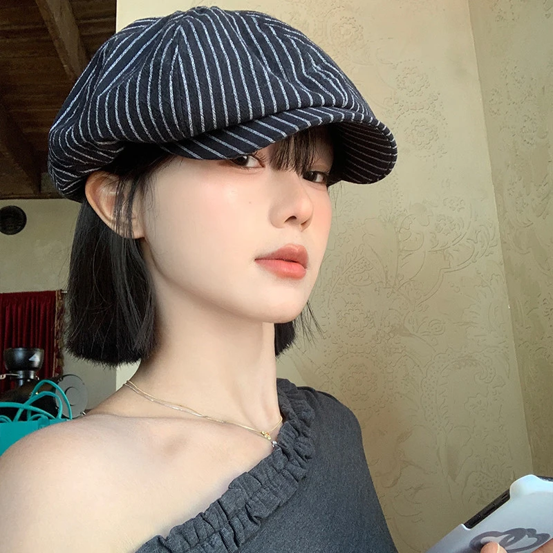 日系复古条纹文艺贝雷帽子女显脸小透气遮阳防晒大头围八角帽子潮