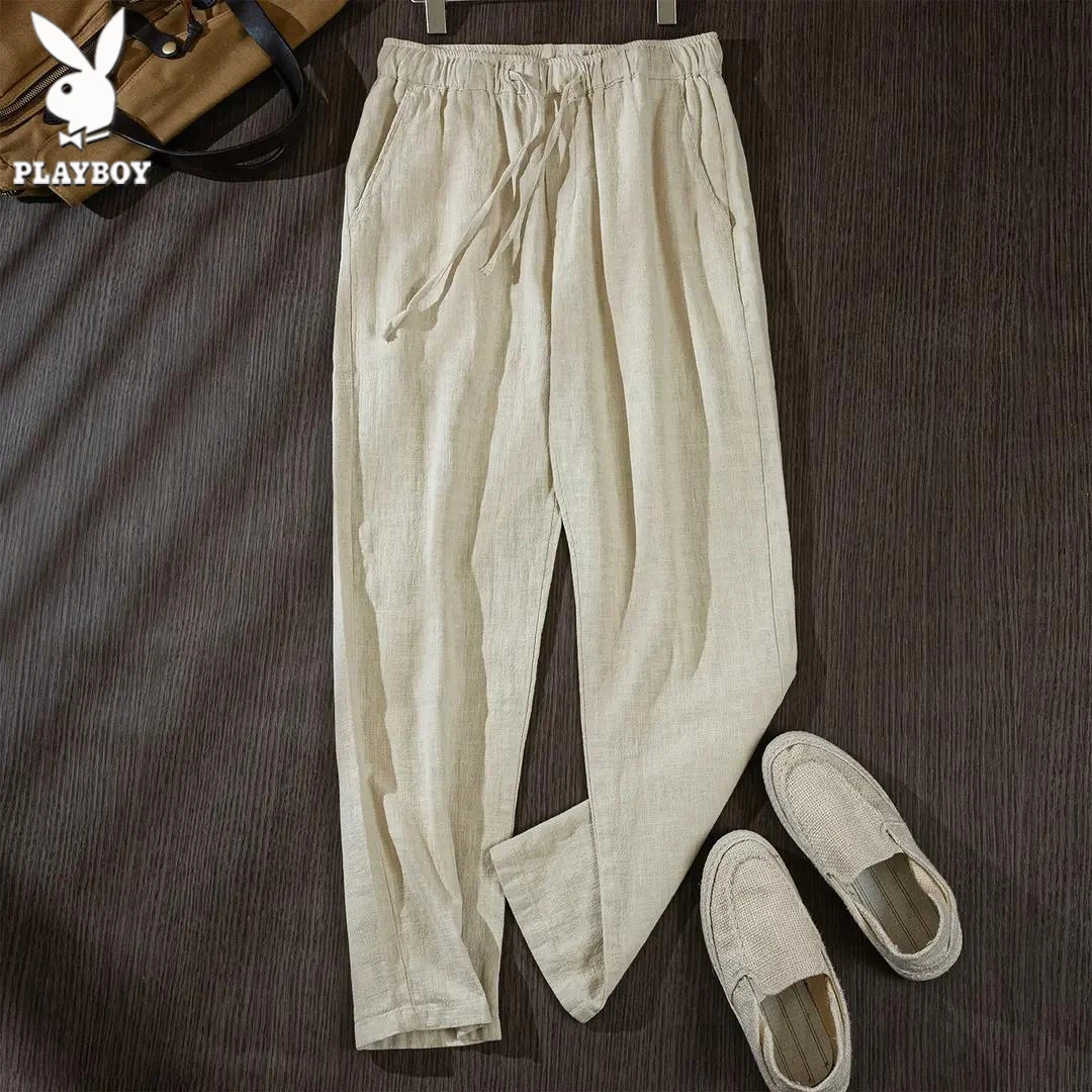 花花公子夏季高级感松紧腰直筒棉麻长裤男士宽松薄款苎麻休闲裤子