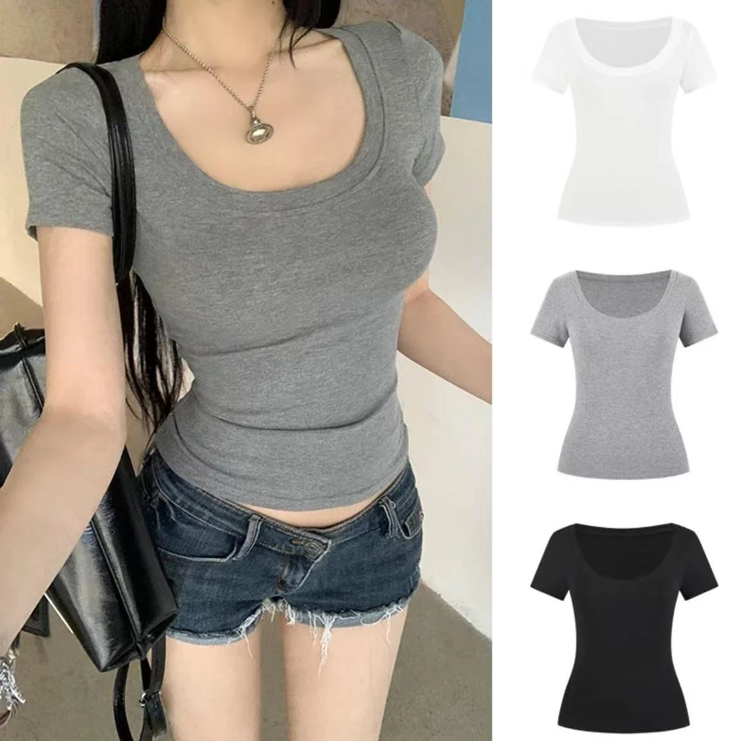 纯欲方领露锁骨短袖T恤女夏季2025新款性感修身显瘦百搭气质上衣