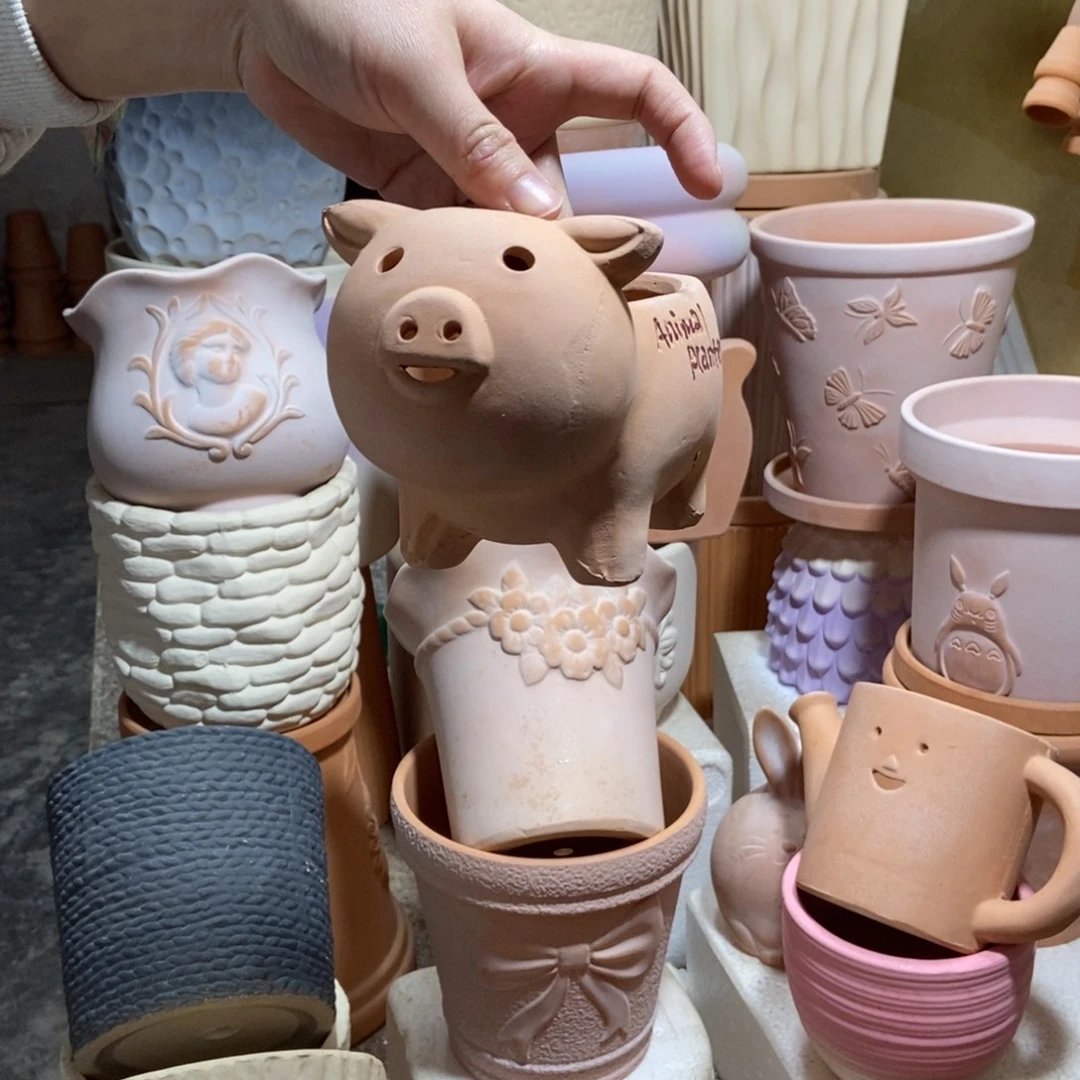 17×10手工小猪花盆 粗陶1个