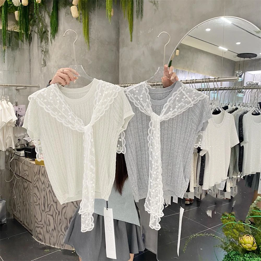 可盐可甜短袖针织衫女2025夏季气质镂空减龄时尚圆领麻花短款上衣