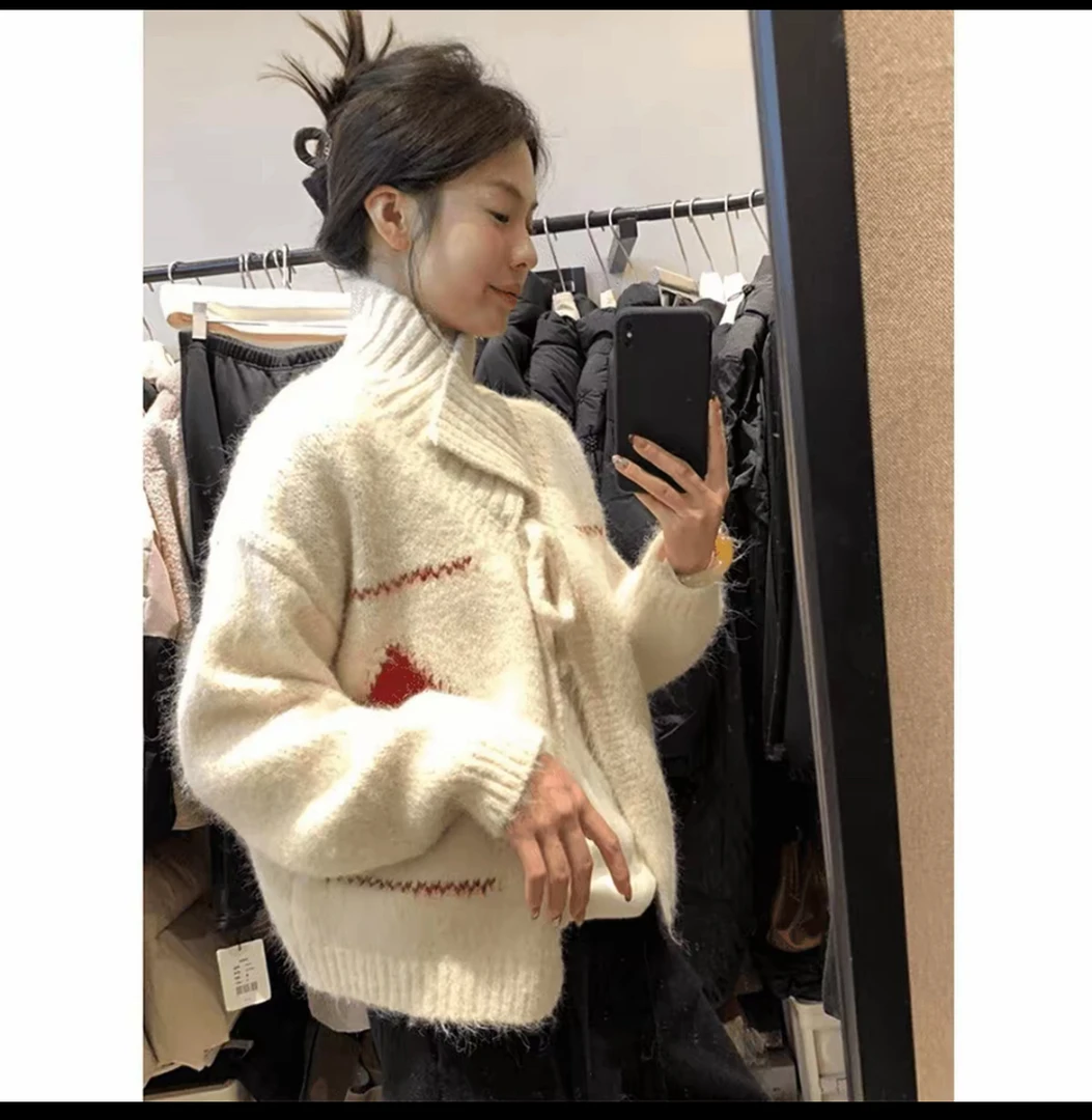 韩系复古翻领外套女2025秋冬氛围感宽松慵懒风针织开衫