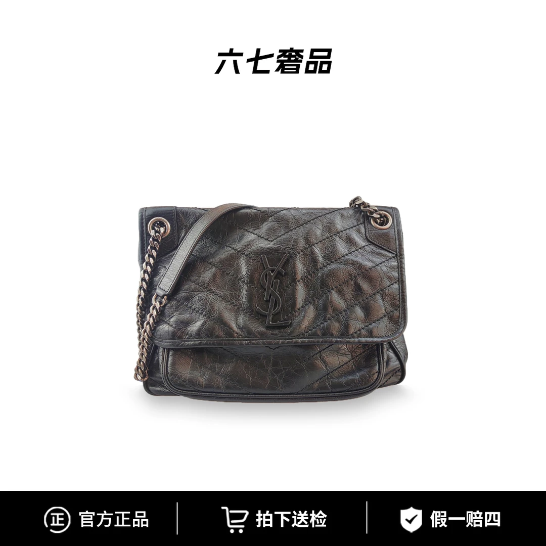 95新 YSL/圣罗兰 Niki油蜡皮黑银中号女士单肩斜挎包