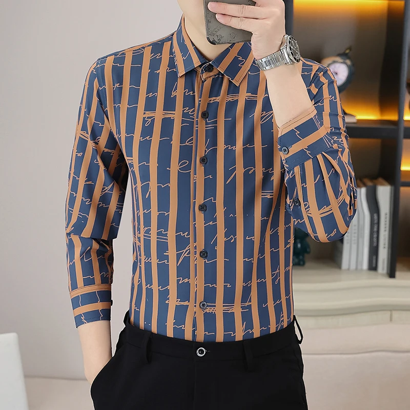 男士上衣条纹长袖衬衫免烫抗皱韩版潮流帅气春秋弹力休闲印花衬衣