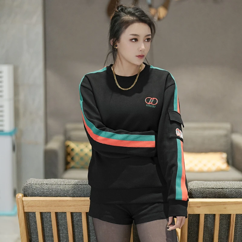 秋冬季时尚个性条纹撞色卫衣男士休闲百搭潮流刺绣保暖修身打底衫