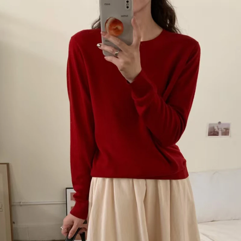 超细美丽诺羊毛衫女纯色保暖长袖百搭针织衫套头衫 长57