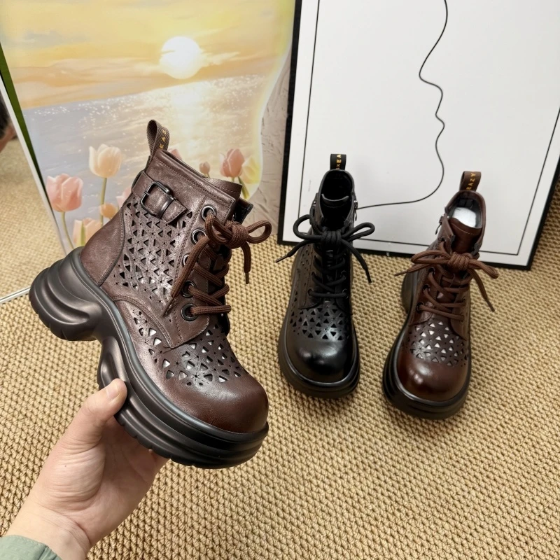 薄款厚底透气马丁靴女2025新款春夏季镂空洞洞小个子英伦风凉靴女