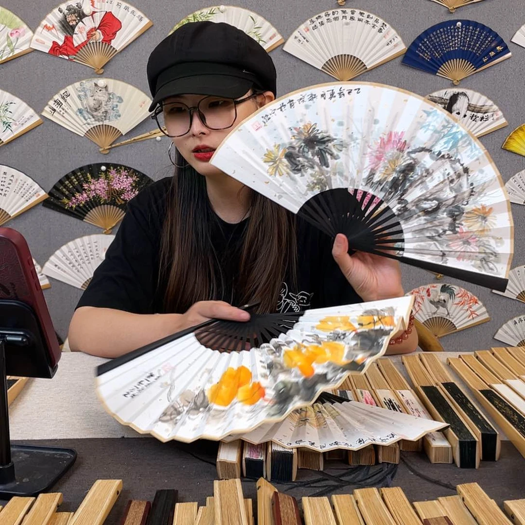 国画7寸-仿乌木福利折扇（默认粘好）