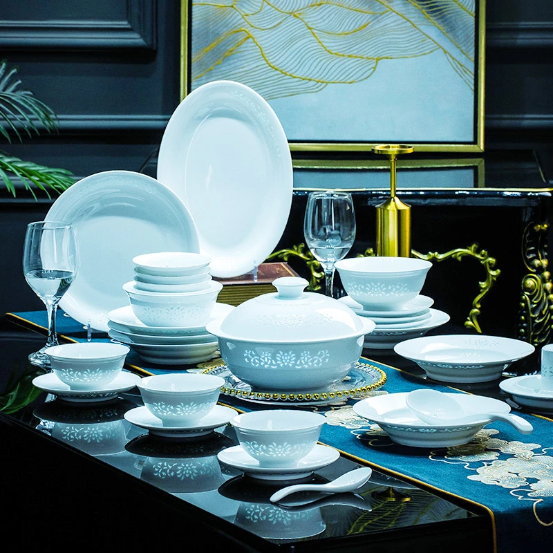 景酆景德镇玲珑瓷餐具套装家用中式碗碟高档高温白瓷礼品餐具碗盘