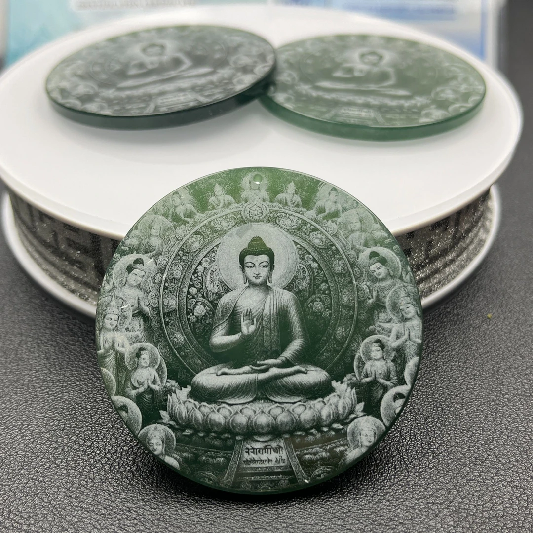 天然翡 翠A货冰种影雕双面雕刻阿弥陀佛守护神吊坠（多样性发其一）