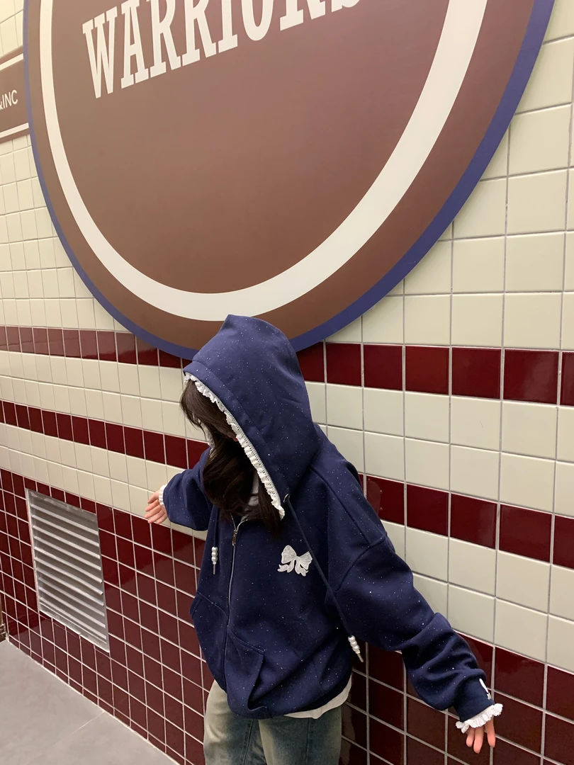 WAKA拉链钉珠蕾丝边蝴蝶结卫衣韩版ins风宽松版慵懒春秋彩点外套