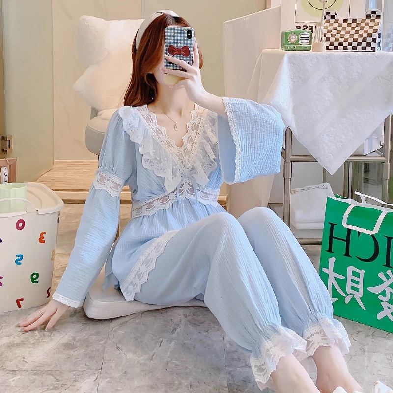 纯棉睡衣女生2025年新款春秋季长袖睡衣套装宫廷风V领公主家居服