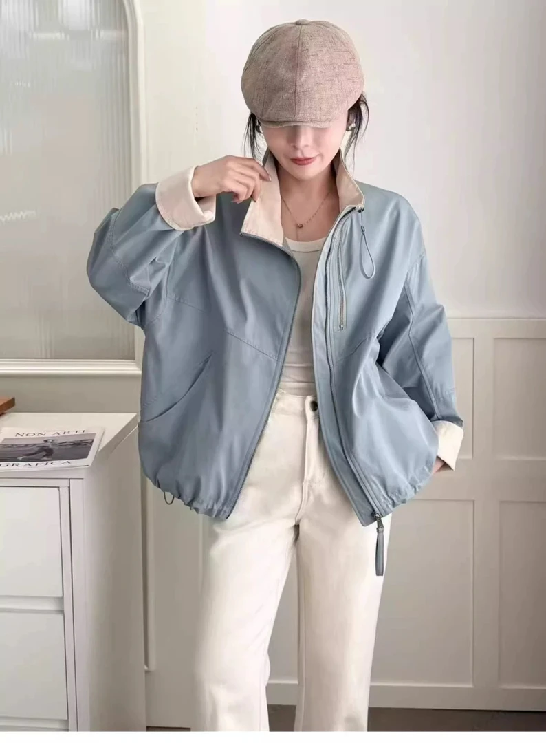 韩版双拉链立领冲锋衣外套女2025秋季新款宽松休闲百搭短款上衣