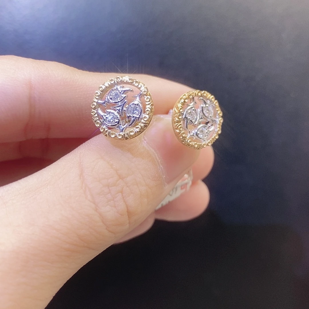 钻石耳饰18K金镶嵌树叶镂空耳针黄白双色