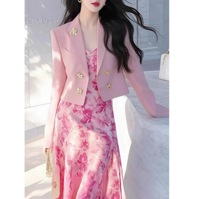 法式气质时尚洋气小众显瘦复古套装女2025春季新款碎花拼接印花聚