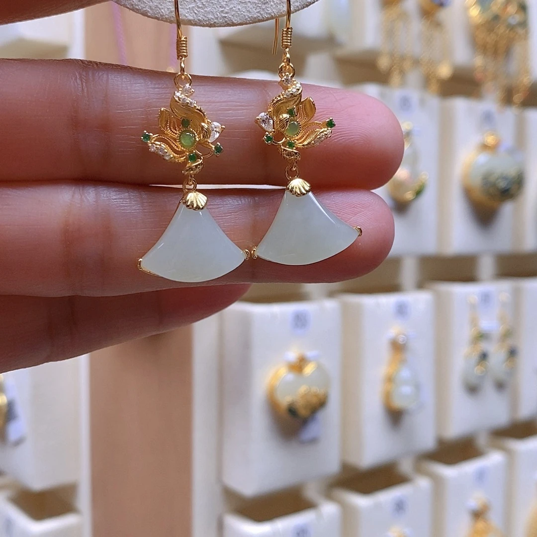 和田玉银S925镀金镶嵌耳饰