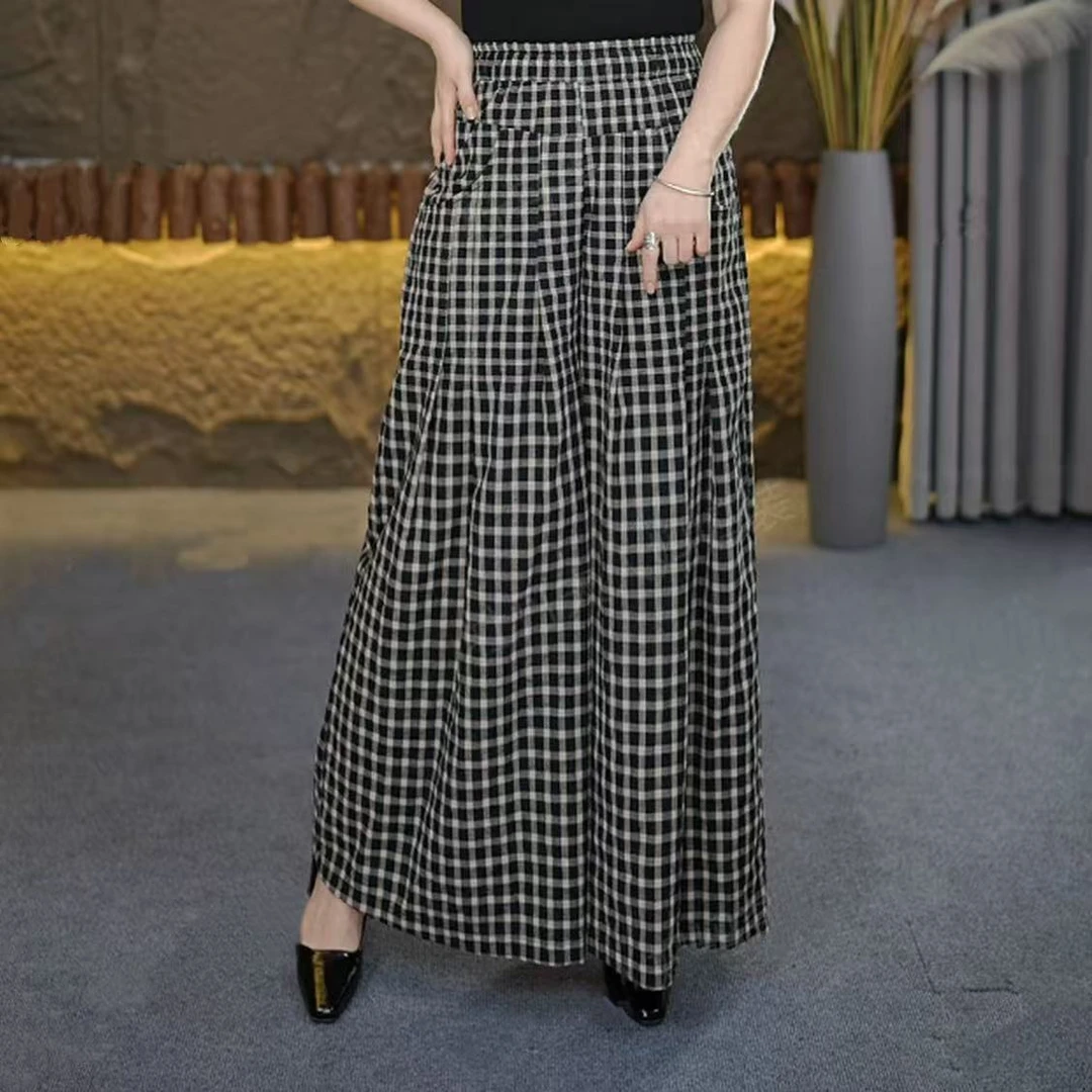 2025秋款阔腿裤显高显瘦长裤休闲裤复古女装高腰格子阔腿裤松紧