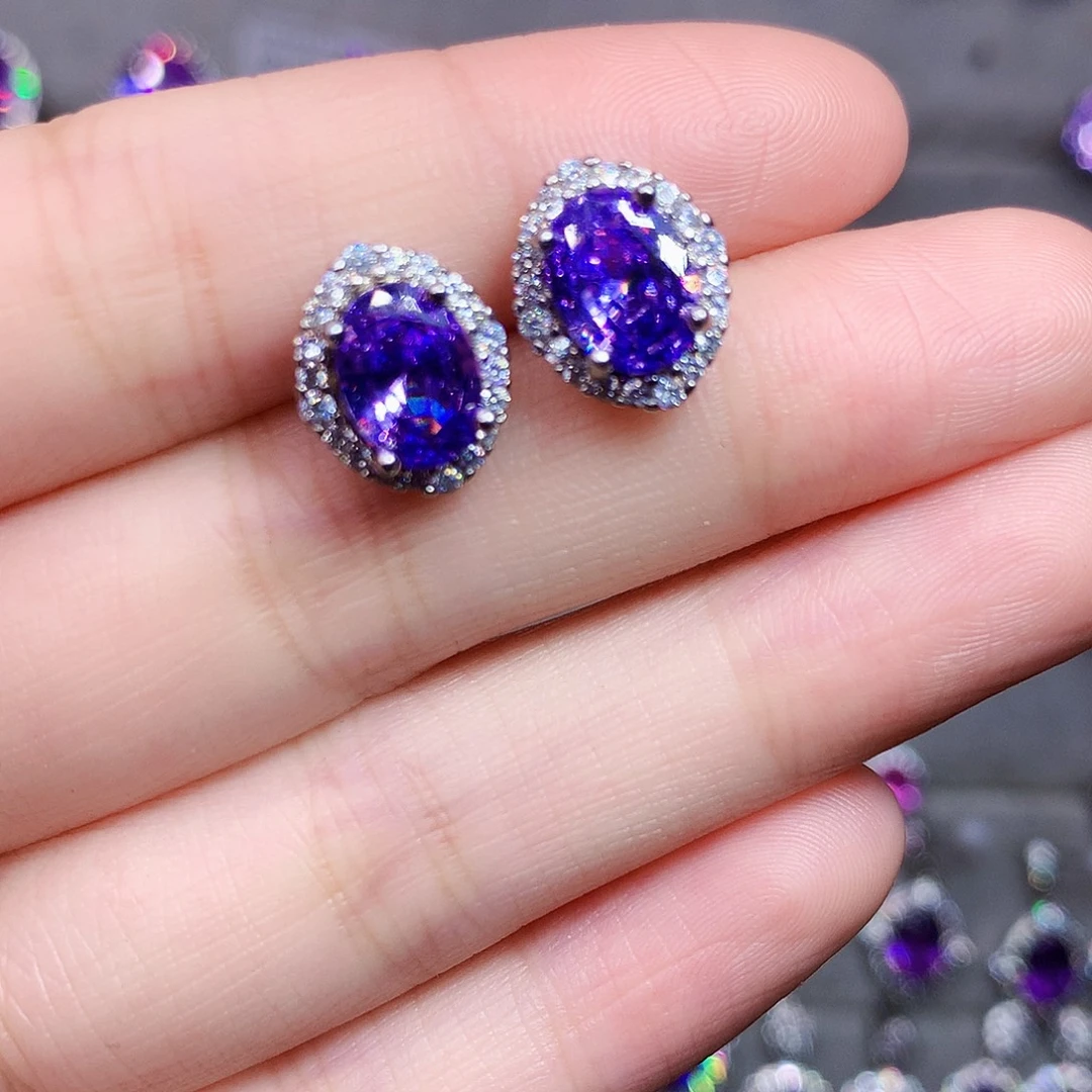 蓝宝石耳钉银S925镶嵌