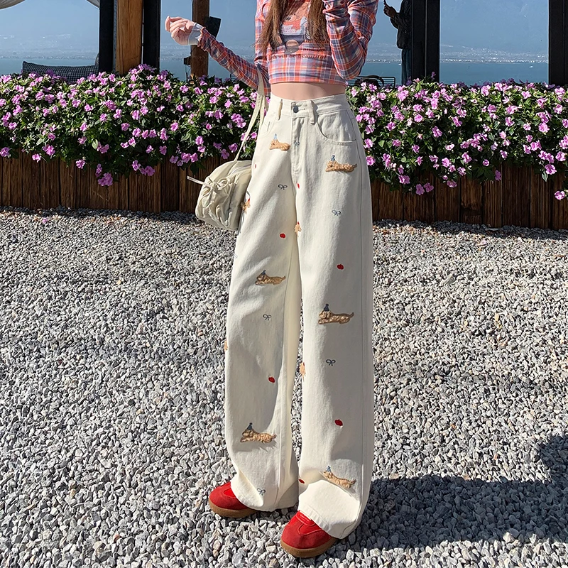 刺绣小狗阔腿牛仔裤女春秋新款加绒加长窄版显瘦显腿长拖地直筒裤
