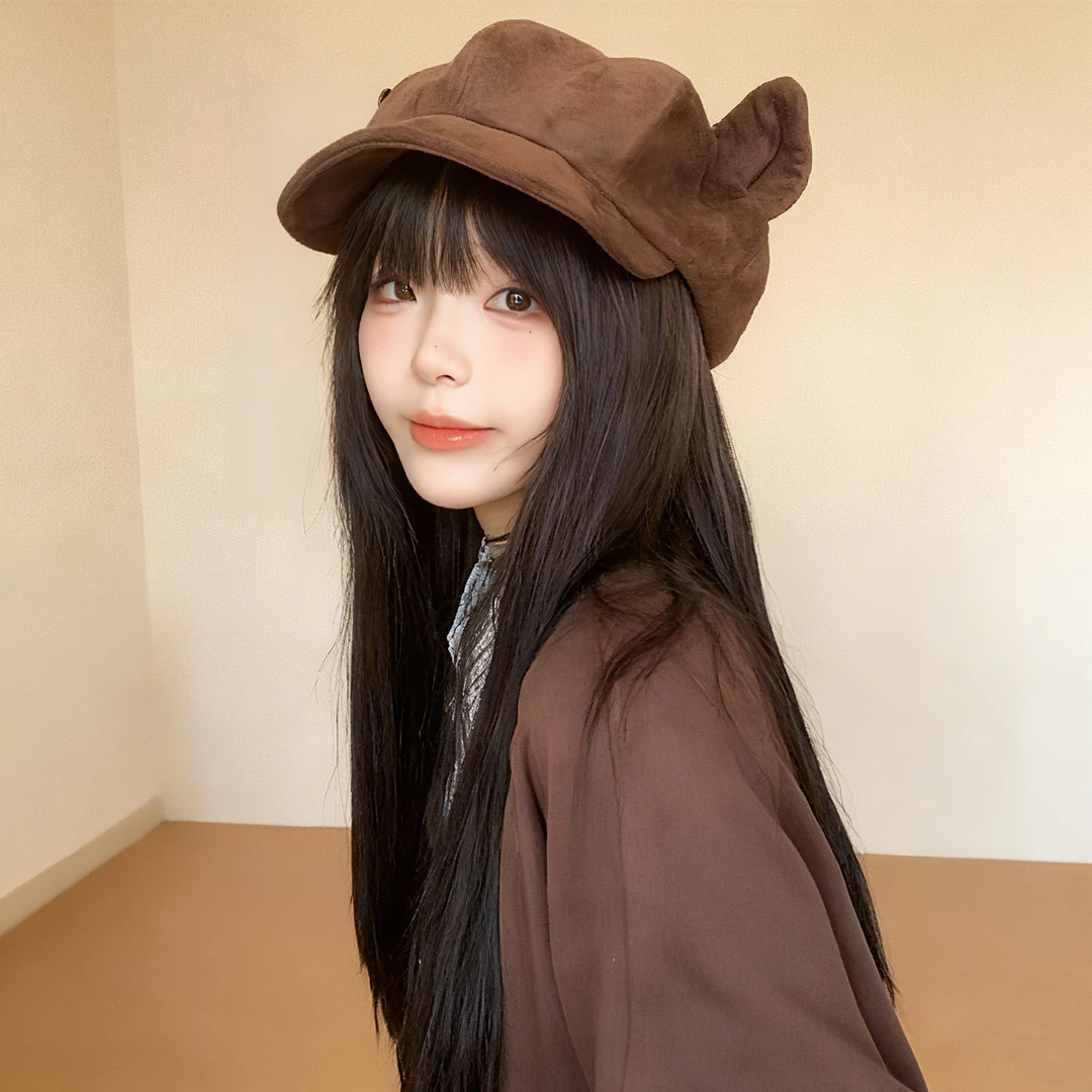 25秋冬新款日系复古麂皮绒猫耳朵贝雷帽女显脸小画家帽韩系八角帽