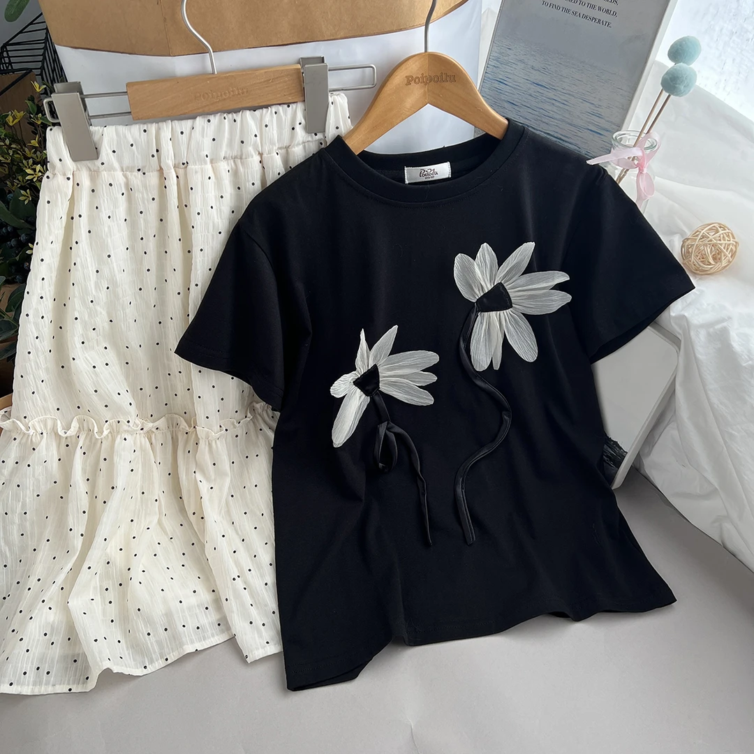 泡泡噜童装儿童夏季新款短袖套装裙两件大花朵