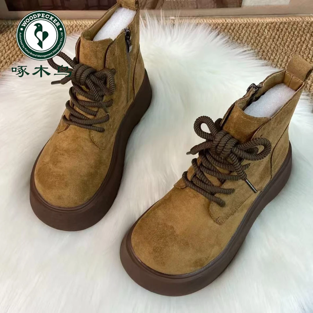 啄木鸟复古圆头增高短筒靴女冬季新加绒加厚保暖防寒显脚小大棉鞋