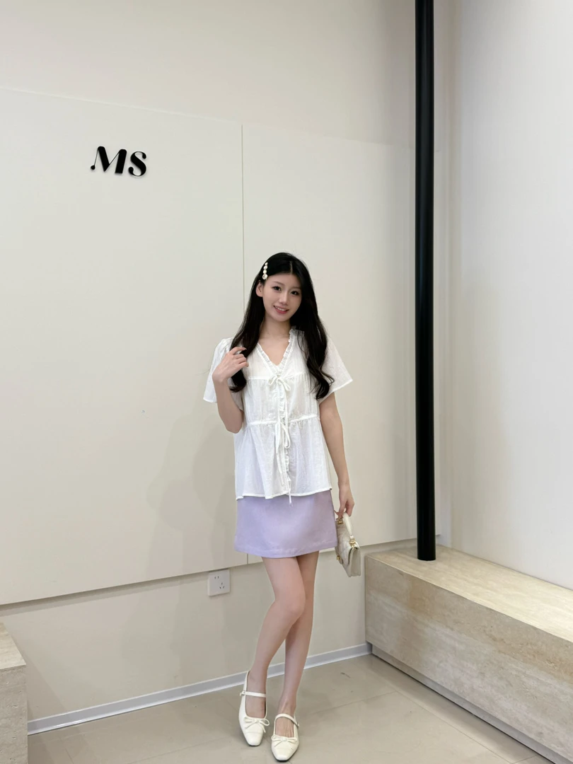 韩系花边V领甜美绑带衬衫2025夏新款