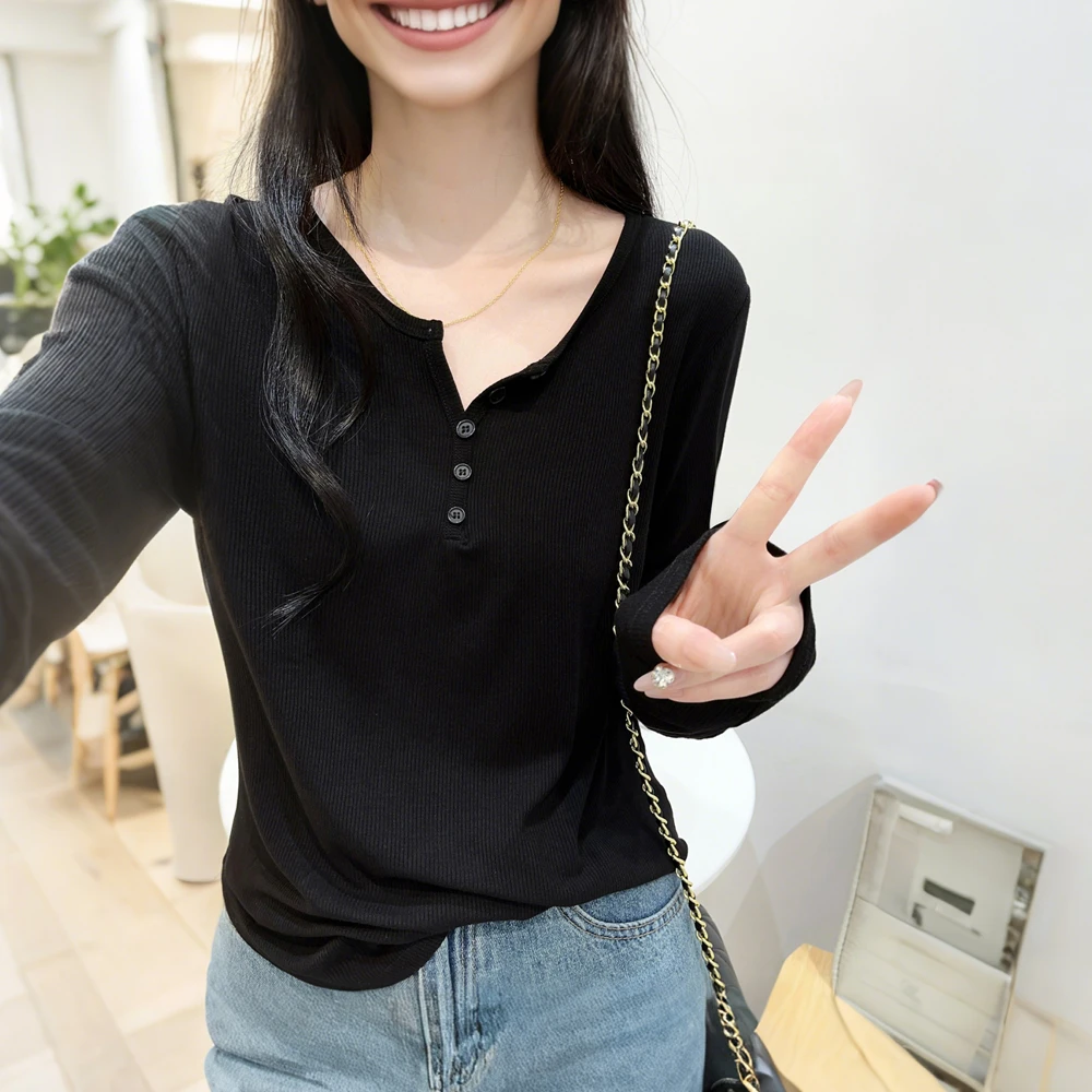 基础款螺纹棉质正肩修身长袖T恤女早秋休闲百搭韩系减龄显瘦上衣