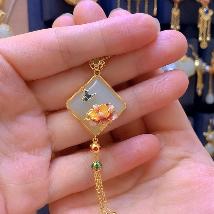 颈饰银S925镀金镶嵌和田玉