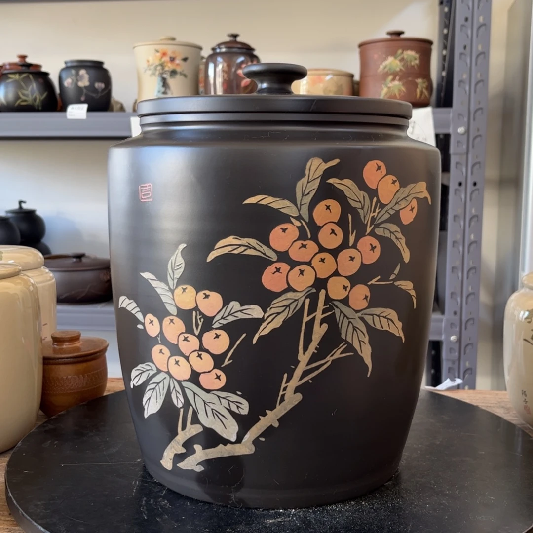 红泥哑光存茶缸柿子刻填