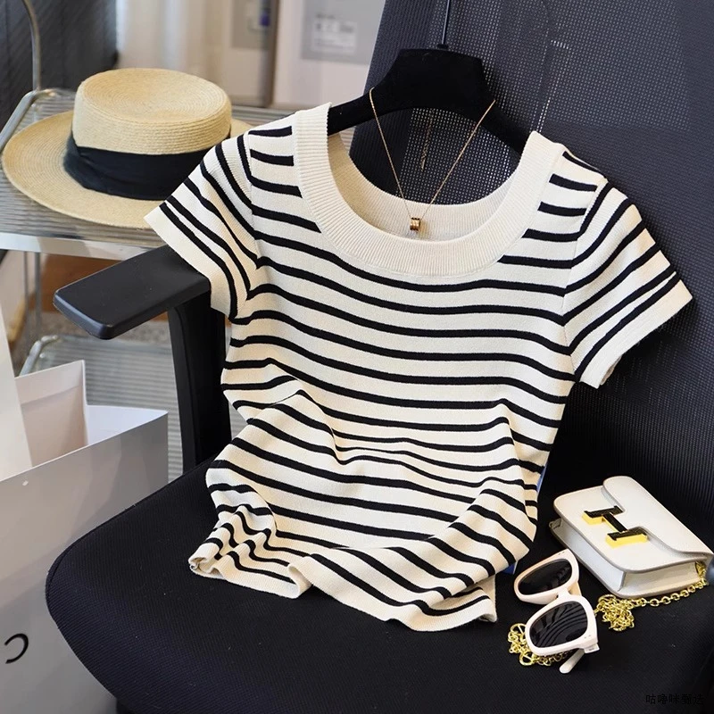 条纹冰丝针织方领正肩短袖t恤女法式镂空针织小众炸街高级感女装