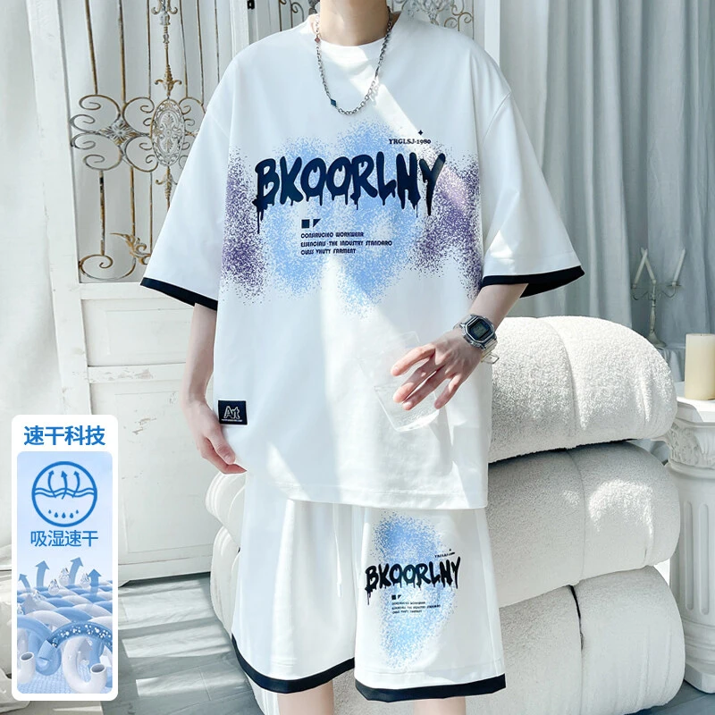 T恤短袖青少年夏季冰丝凉感休闲运动套装半袖宽松男生大码