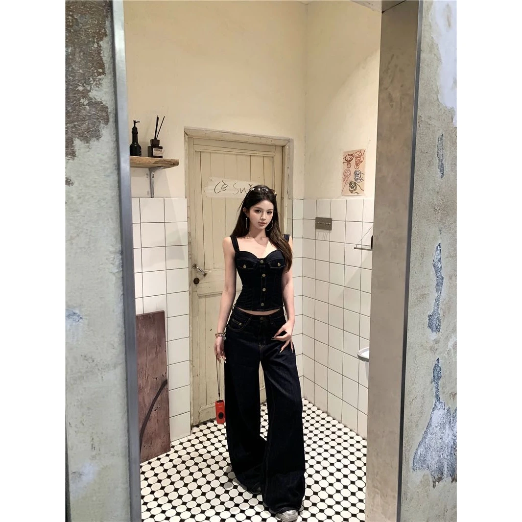 牛仔套装女2025夏季新款辣妹收腰短款吊带背心阔腿拖地长牛仔裤
